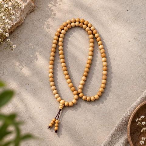 White Sandalwood Jap Mala – Natural 108 Bead Chandan Mala | Ishwar Tattva