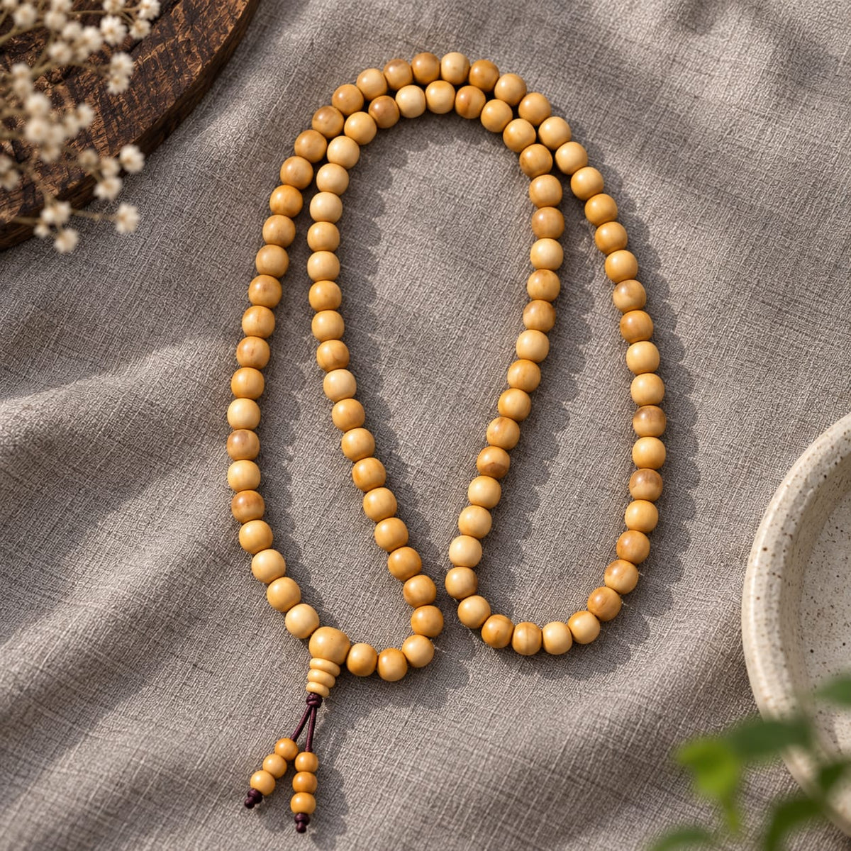 White Sandalwood Jap Mala – Natural 108 Bead Chandan Mala | Ishwar Tattva