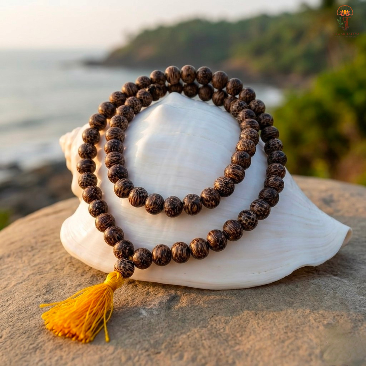 Coconut Wood Jap Mala – Natural 108 Bead Mala by Ishwar Tattva